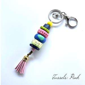 Colourful Beaded Key Chain with Tassel - Pink