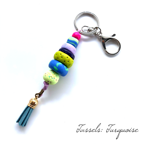 Colourful Beaded Key Chain with Tassel - Turquoise