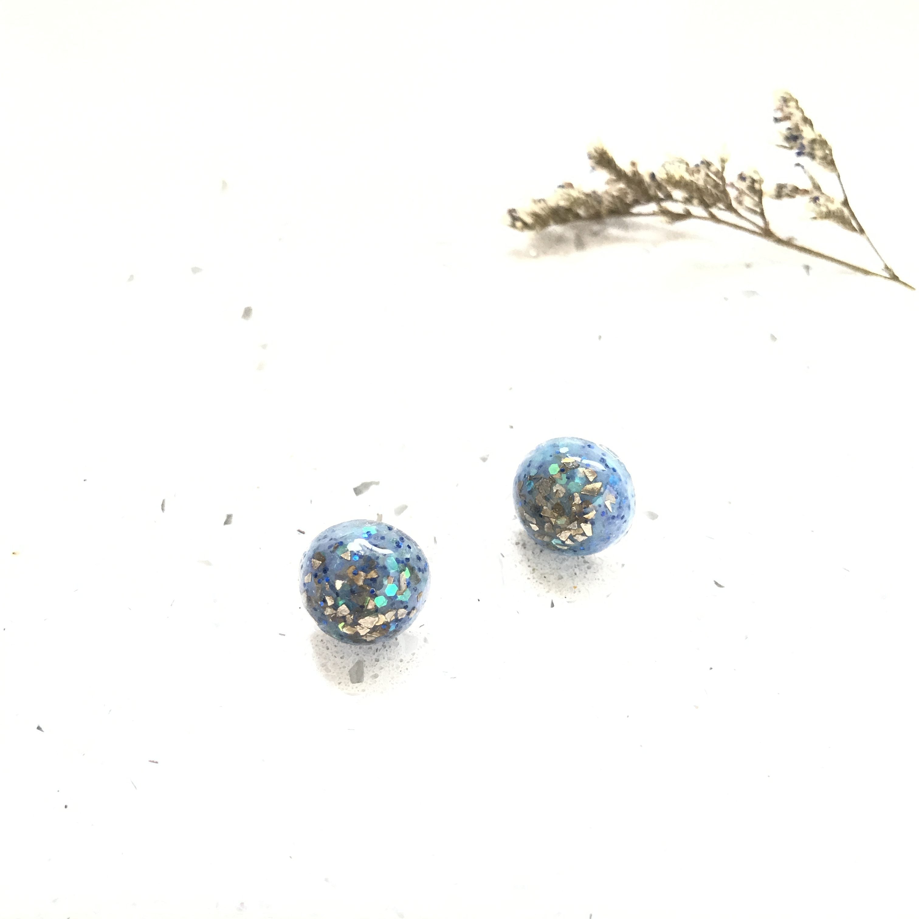 Blue Gold Glitter Resin Stud