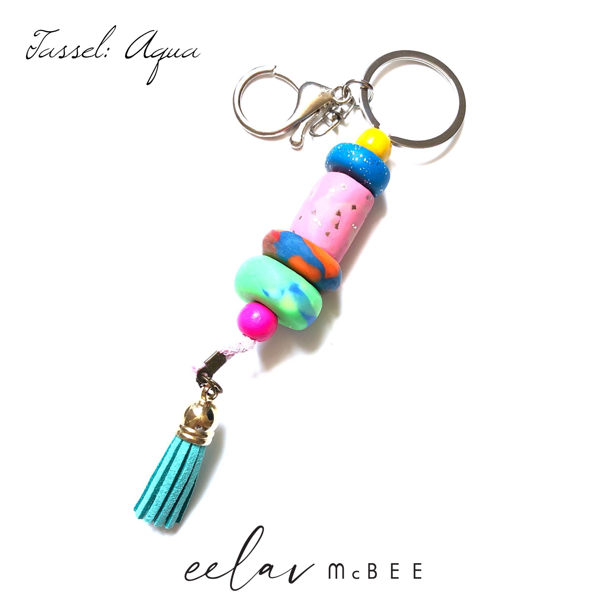 Colourful Beaded Key Chain with Tassel - Aqua -v2