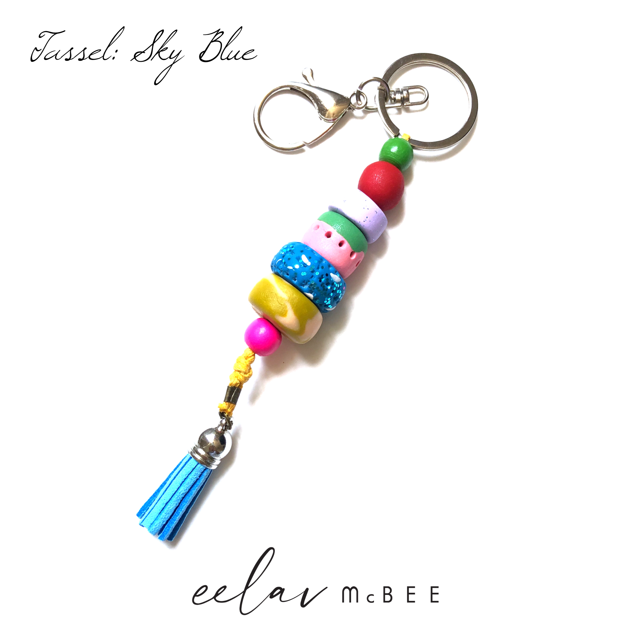 Colourful Beaded Key Chain with Tassel - Sky Blue