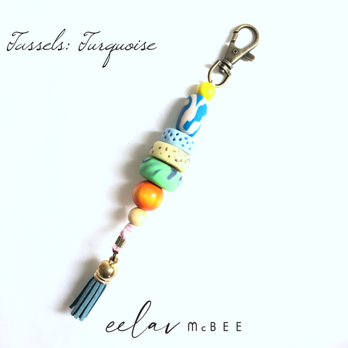 Colourful Beaded Key Chain with Tassel - Turquoise - v2