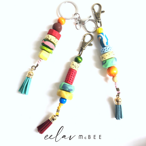 Colourful Beaded Key Chain with Tassel - Aqua