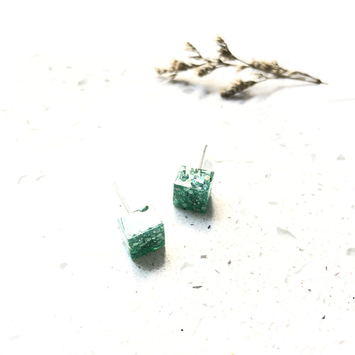 Green Glitter Resin Cube Stud