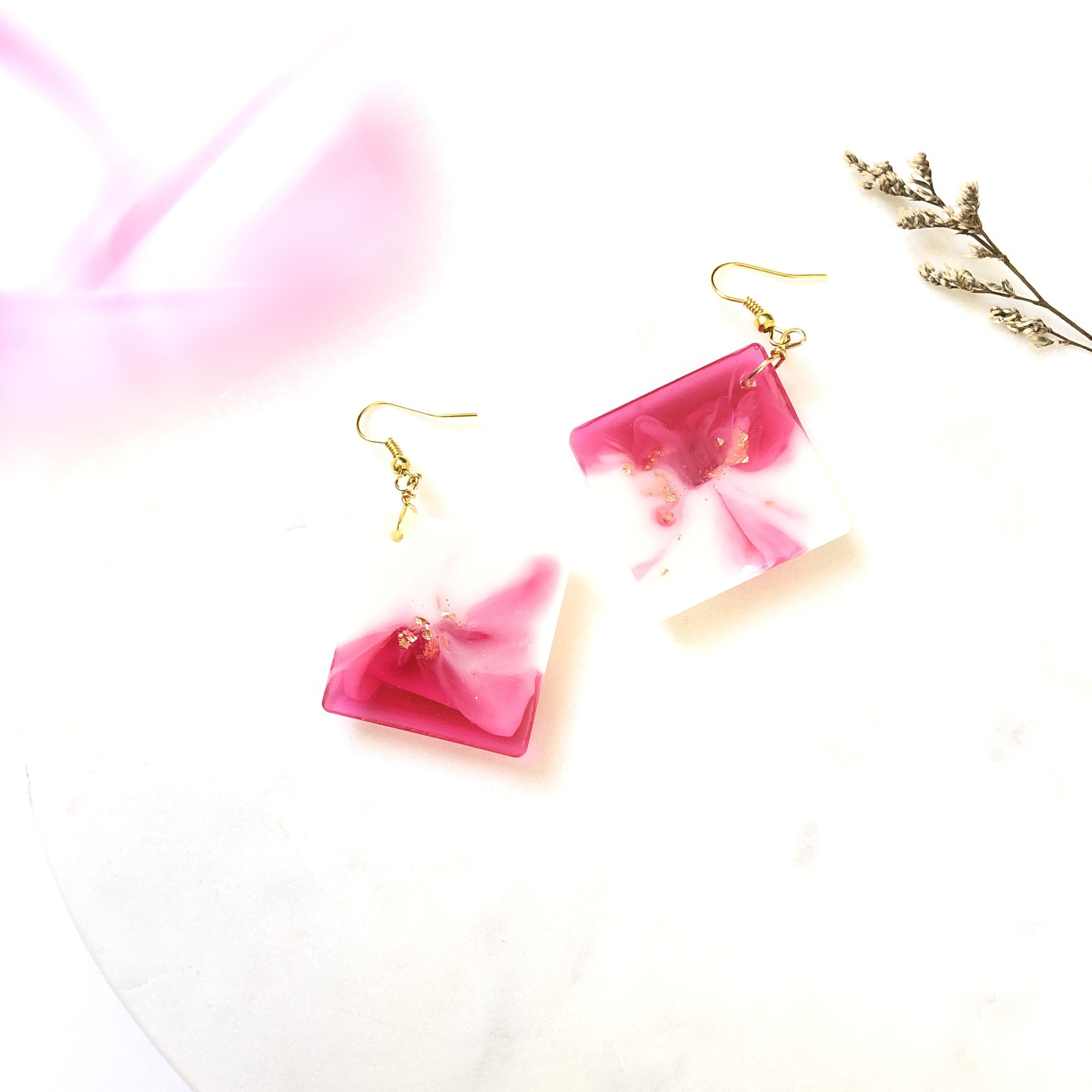 Square Resin Earrings (Milky Red)